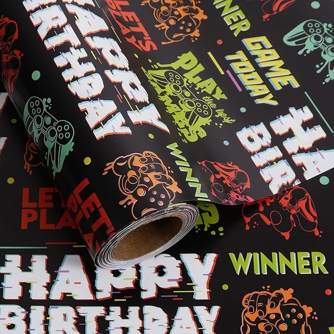 Aimyoo Gaming Birthday Wrapping Paper Roll - 17 Inch X 32.8 Feet - Black Happy Birthday Video Game Pattern Gift Wrap Paper for Boys Party, Baby Shower, Holiday