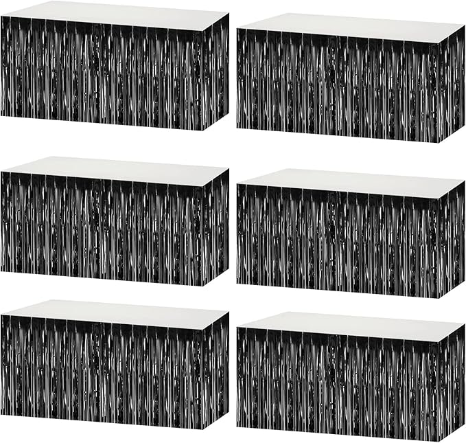 6 Pack 29x108 Inch Metallic Foil Fringe Tinsel Table Skirts Banner for Rectangle Tables Streamer Garland Curtains Backdrop for Wedding, Birthday, Parade Floats, Christmas Party Decoration(Black)