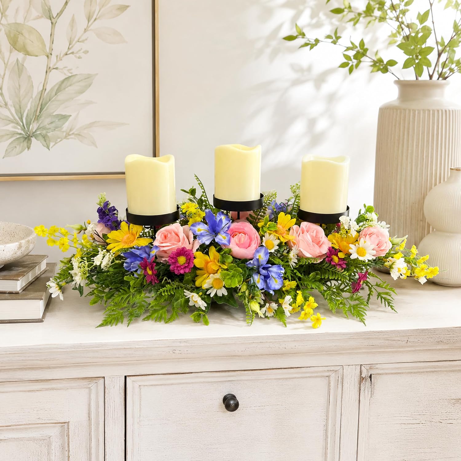 24" Spring Summer Floral Candle Holder Centerpiece for Table Decor | Triple Candle Cups with Pink Roses, Blue Iris-Style Flowers, Daisies and Fern Leaves for Spring Summer Decor