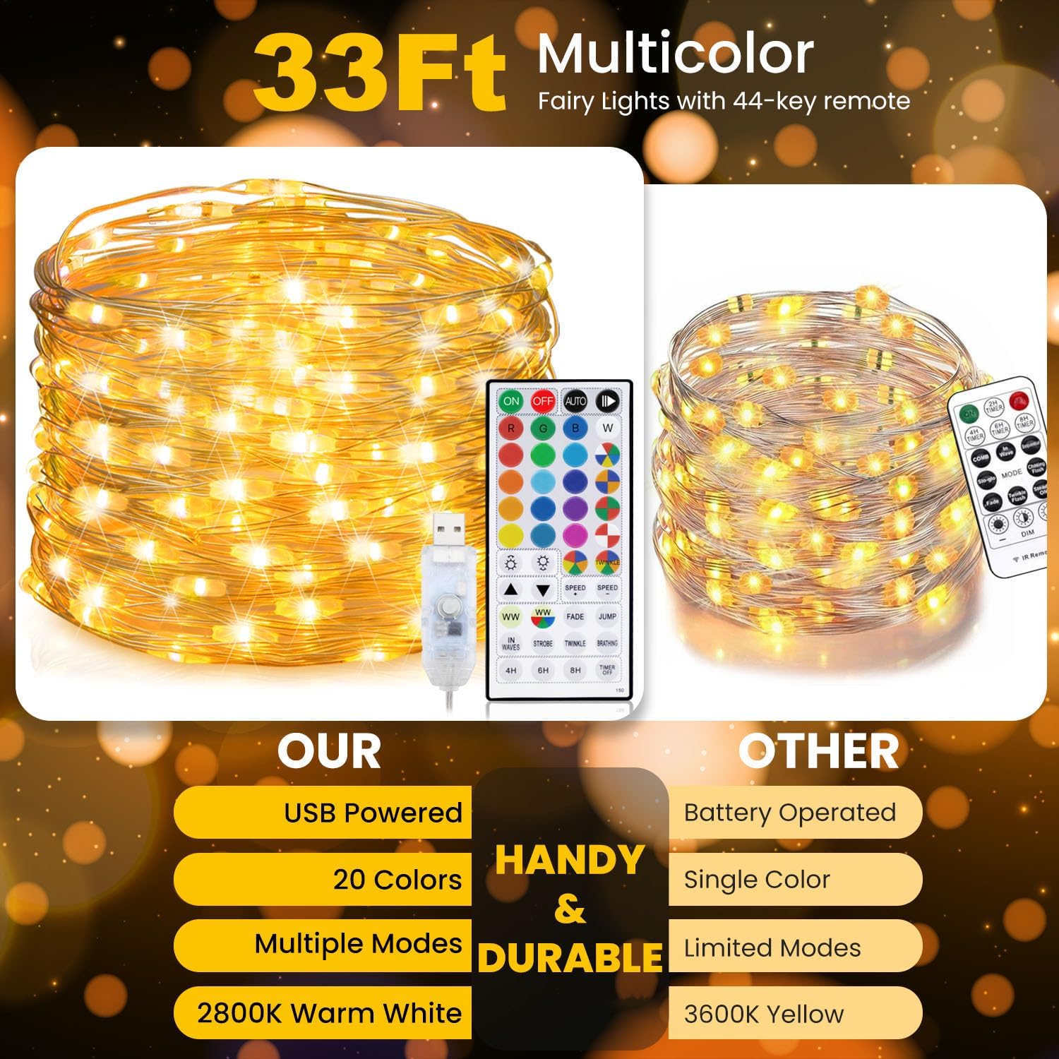 Fairy Lights USB Plug in 33ft 100LEDs with Remote, Warm White 20 Color Changing Light Twinkle Firefly String Lights for Bedroom Party Wedding Christmas Tapestry, Multicolor Colors