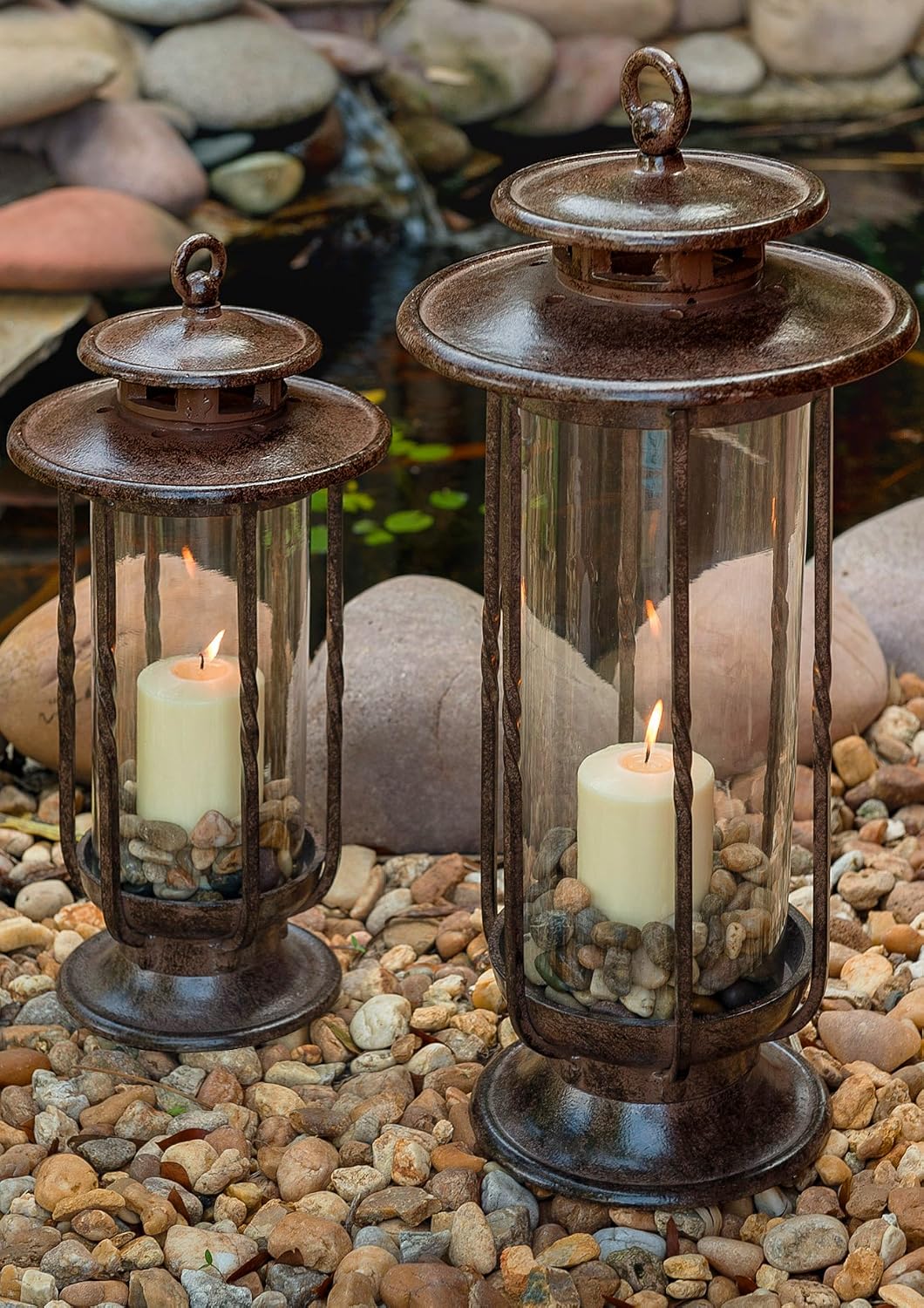 H Potter Cast Iron Lantern, 19" Tall, Glass Hurricane, Rustic Brown Finish | Indoor Outdoor Decroative Candle Lantern, Patio, Porch, Garden & Indoor Decor