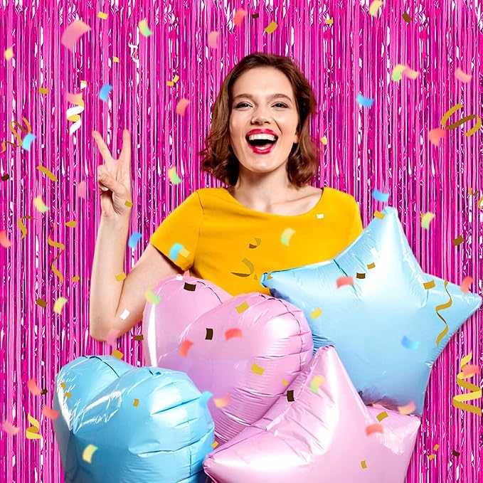 6 Pack Fuchsia Foil Fringe Curtains Backdrop, 3.28 x 8.2 Ft Metallic Streamers Tinsel Curtains Background for Photo Booth, Birthday, Weddings, Carnivals, Graduation, Themed Party Decorations