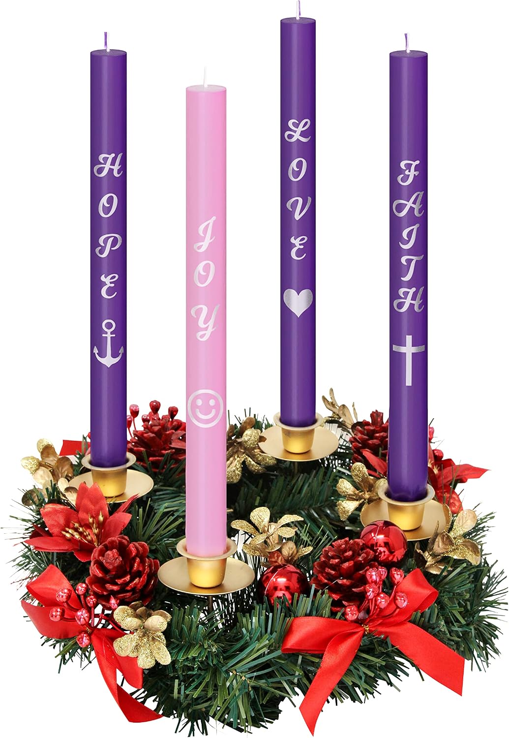 Advent Candles Set of 4 - Premium Printed Script Silver Letters & Pictures – Use with Advent Candle Holders, Advent Wreaths and Advent Rings - Dripless Taper Advent Candle for Christmas Church Décor