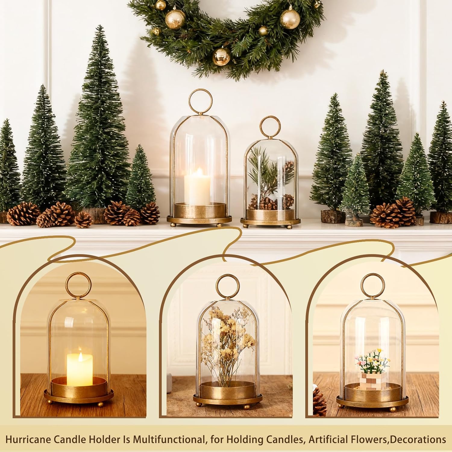 Large & Small Cloche Glass Dome Candle Holders - Glass Hurricane Candle Holder,Gold Candlestick & Lanterns Set of 2 Can Be Placed Desktop Hung,for Pillar Candles,Plants Decorative