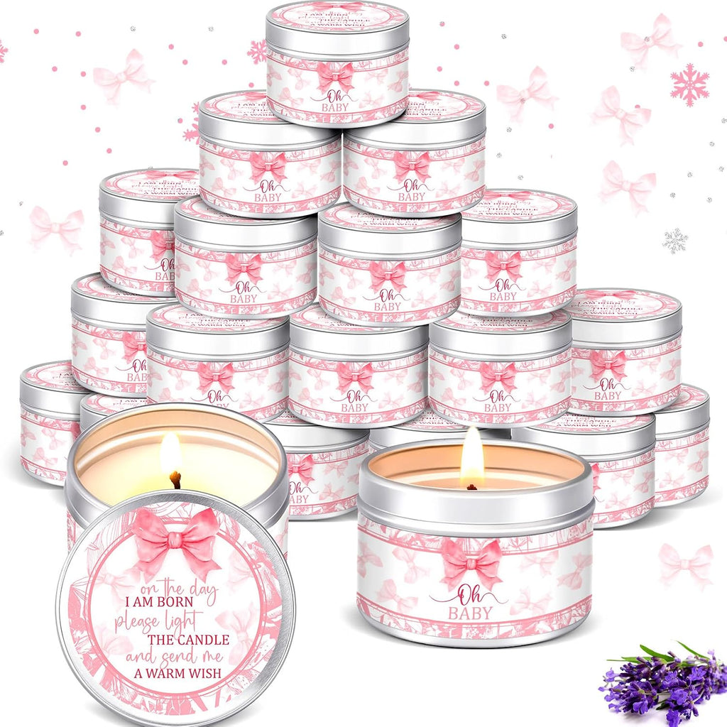MTLEE Bow 24 Pcs Baby Shower Party Favors Candles Lavender Scented Baby Shower Favors for Guests Rustic Tealights Candles Gender Reveal Return Gifts(Pink, 1.2 oz)