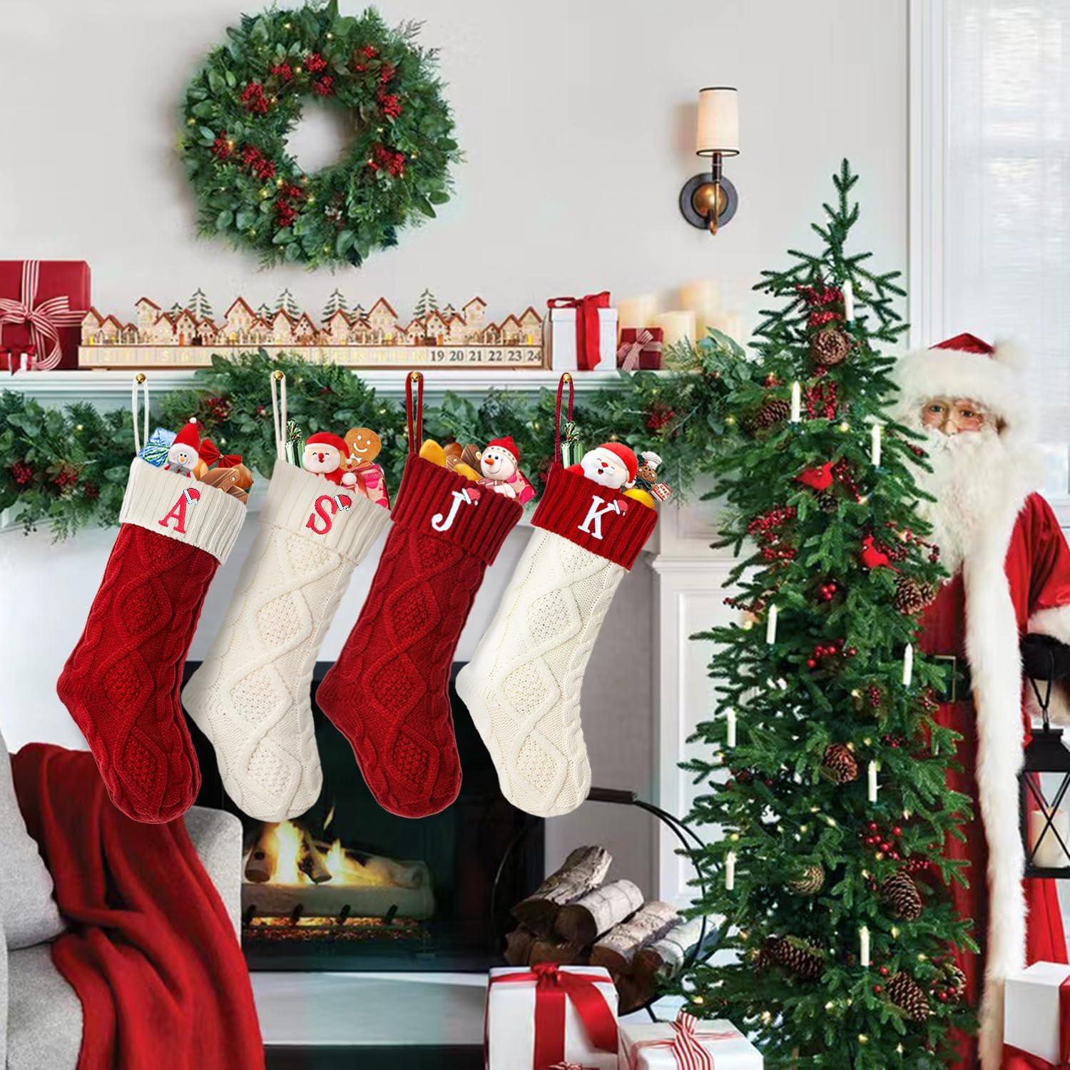 Ulico Christmas Stockings with Initials, 18’’ Large Embroidered Monogram Knit Christmas Stocking,Xmas Stocking for Kids, Holiday and Family Stocking for Fireplace or Party Decoration Red Letter B