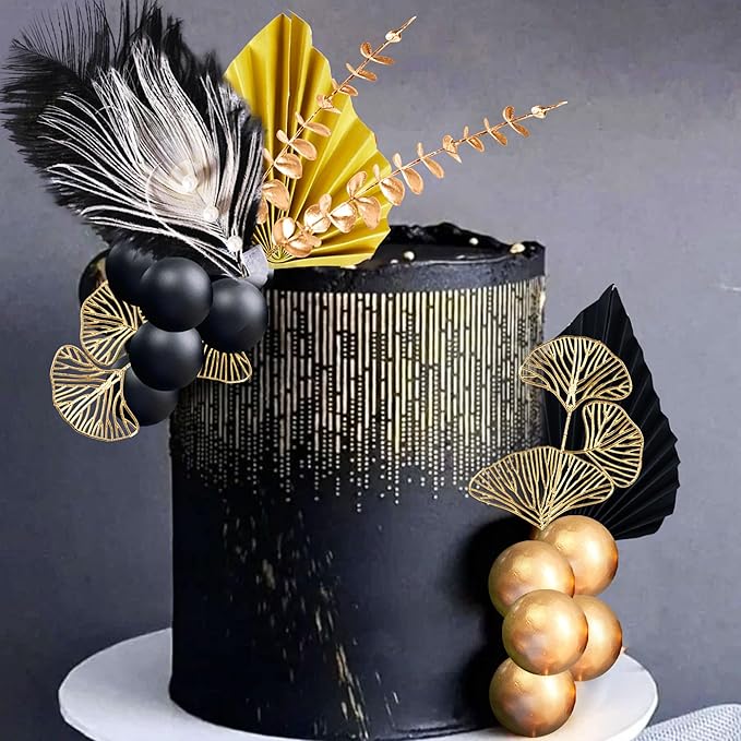 Boho Cake Topper Man Cake Toppers Happy Birthday Cake Topper Black Gold Balls Cake Decorations for Roaring 20s Cake Decoration Wedding Baby Shower Party Decoration