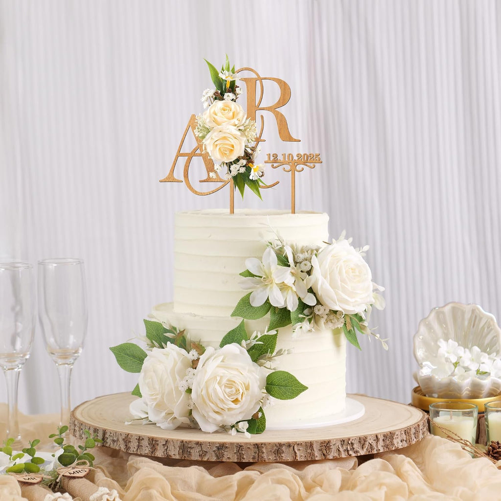 Personalized Wedding Cake Topper with 3D Artificial Flowers and Green Leaves Custom Initials Wooden Anniversary Cake Decoration