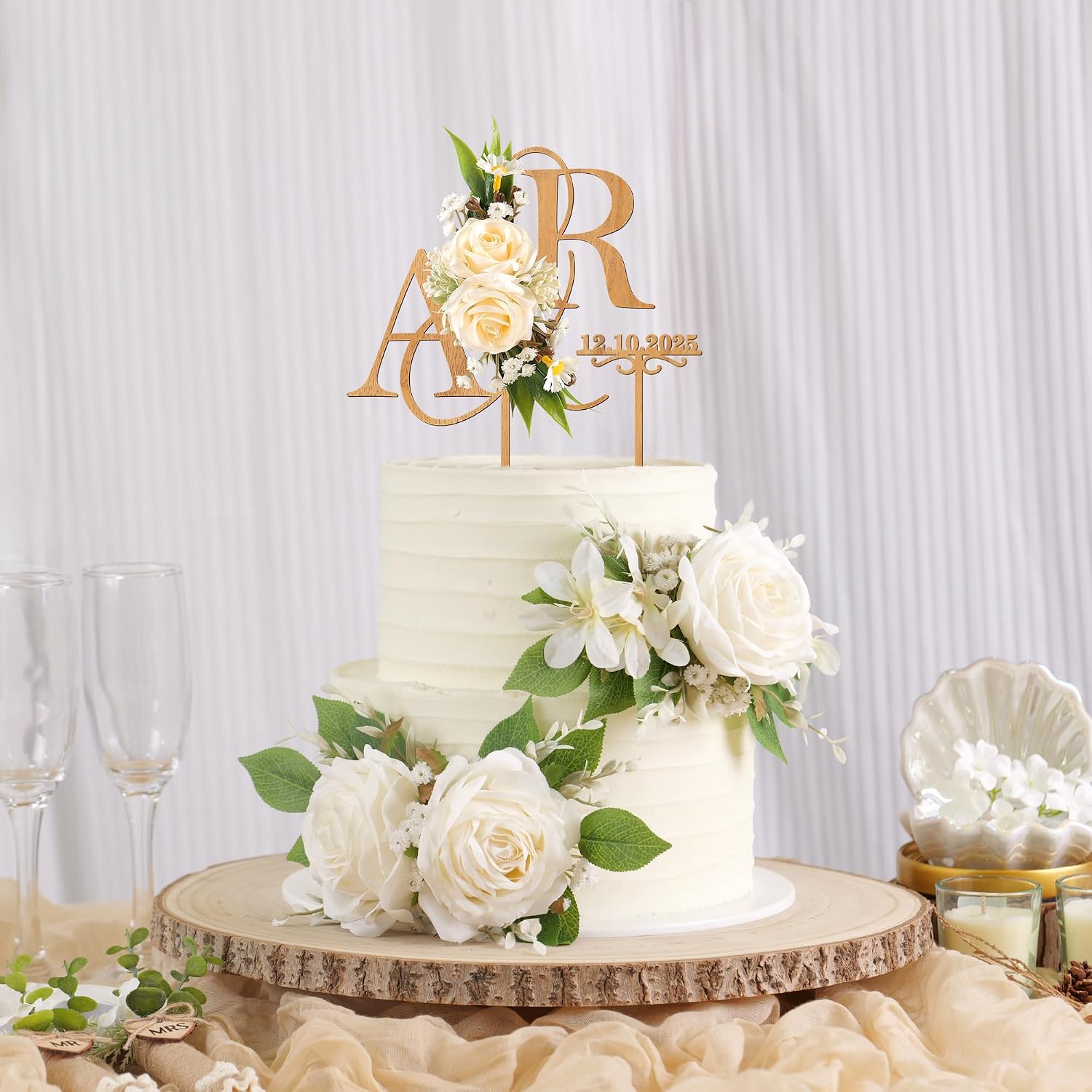 Personalized Wedding Cake Topper with 3D Artificial Flowers and Green Leaves Custom Initials Wooden Anniversary Cake Decoration