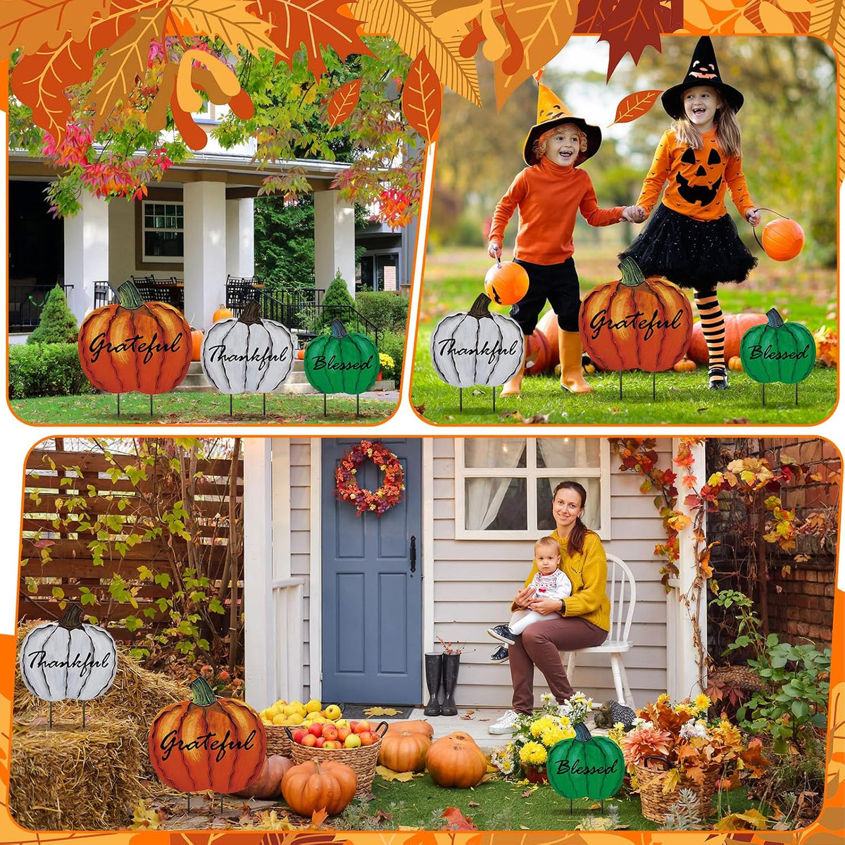 3 Pcs Thanksgiving Fall Outdoor Decor Metal Pumpkin Yard Stakes Decorations