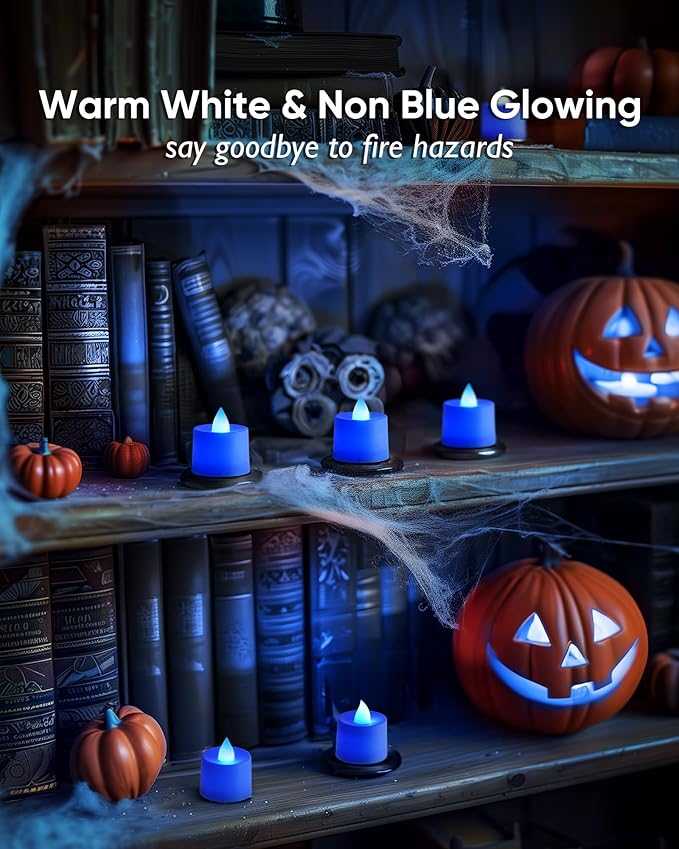 Amagic 24 Pack Blue LED Tea Lights, Flameless Votive Candles, Electric Fake Colored Candles, Battery Operated Tealights Candles for Halloween, Christmas, Home Decor, Wedding Table Centerpiece, Party
