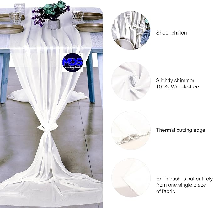 MDS 2 Pack 14ft Chiffon Table Runner 29 x 170 Inches Sheer Wedding Runner Romantic Rustic Table Runner for Wedding Decorations, Birthday Parties, Bridal Shower Party Arch Decor - Ivory