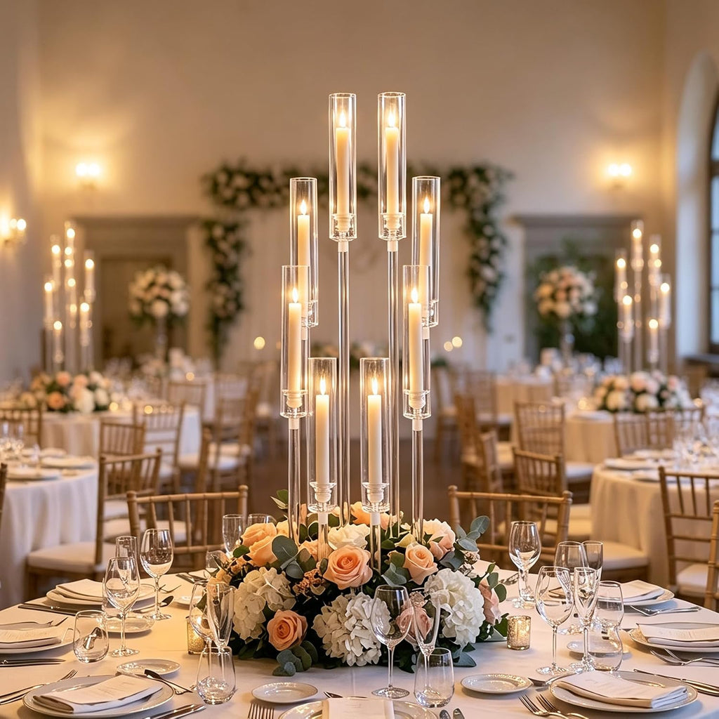 8PCS Acrylic Candelabra Wedding Centerpieces for Tables,38.5 Tall Clear Floor Candle Holder Set with Shade Pillar Taper Candle Stand for Anniversary Party Brithday candelabros para centros de mesa