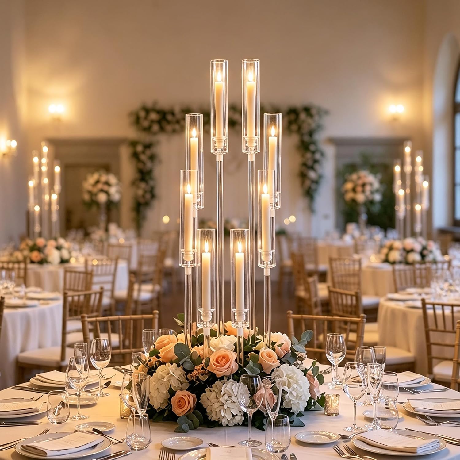 8PCS Acrylic Candelabra Wedding Centerpieces for Tables,38.5 Tall Clear Floor Candle Holder Set with Shade Pillar Taper Candle Stand for Anniversary Party Brithday candelabros para centros de mesa