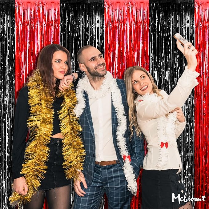 4 Pack 3.2Ft x 6.6Ft Black Red Fringe Curtain Backdrop, Metallic Tinsel Foil Fringe Streamers Curtains Background for Photo Booth Wedding Casino Viva Las Vegas Game Night Birthday Party Decorations