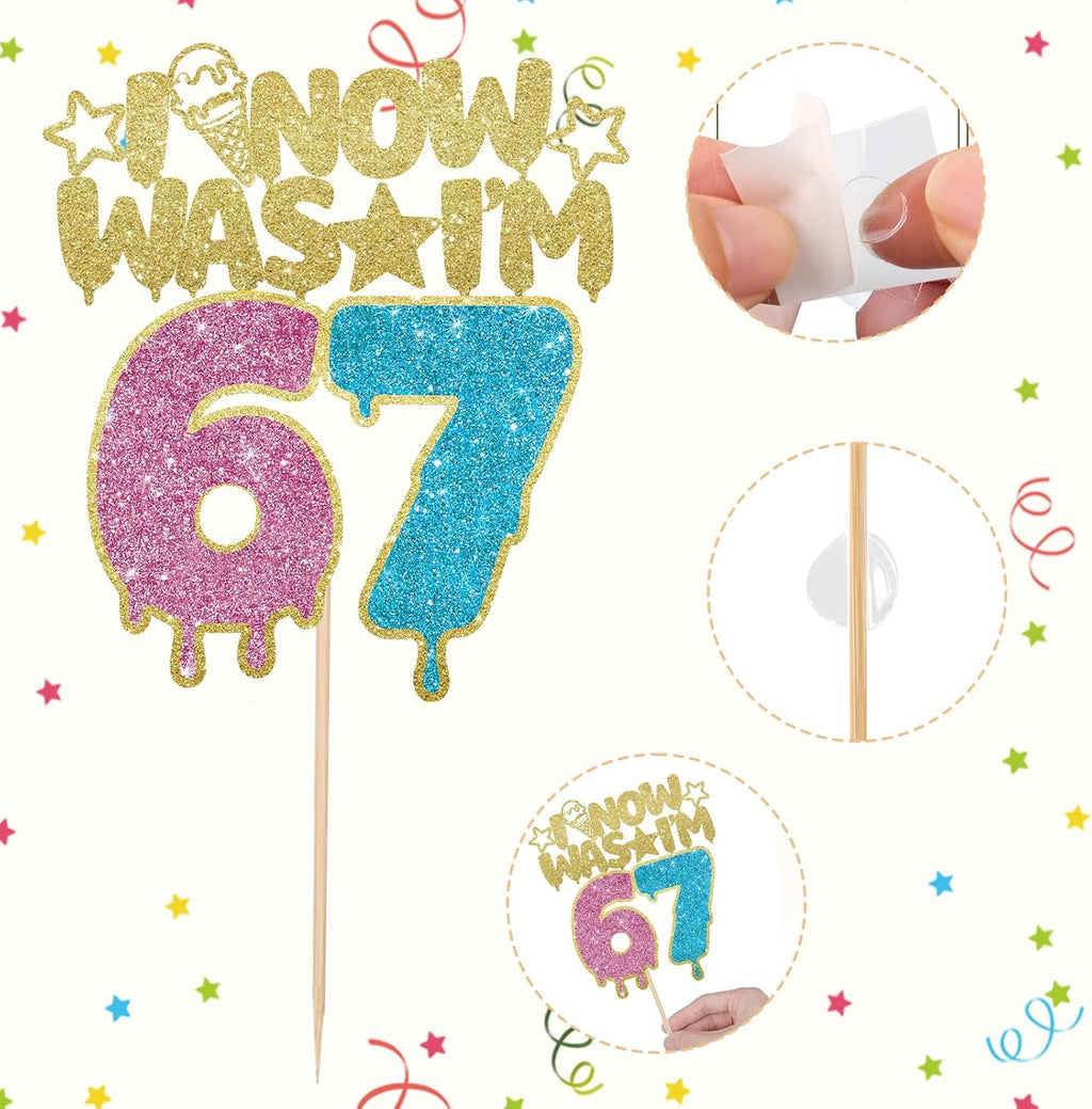 I WAS 6 NOW I'M 7 Cake Topper, 6 7 Birthday Decorations Cake Decor for Boy Girl 7 Years Old, Pink+Blue