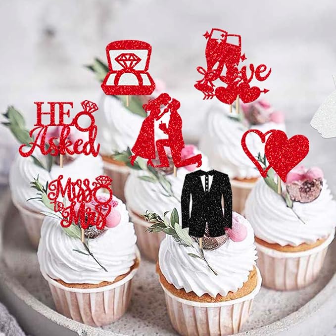 30 Pack Bride to be Cupcake Toppers Glitter Diamond Ring Love I Do Cupcake Picks Miss to Mrs He Asked She Said Yes Bridal Shower Wedding Engagement Bachelorette Cake Decorations Party Red