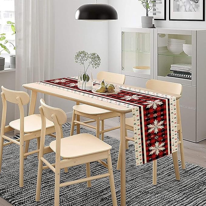 Snowflakes Christmas Table Runner,Red Buffalo Plaid Seasonal Winter Kitchen Dining Table Decoration for Home Party Decor 13x60 Inch