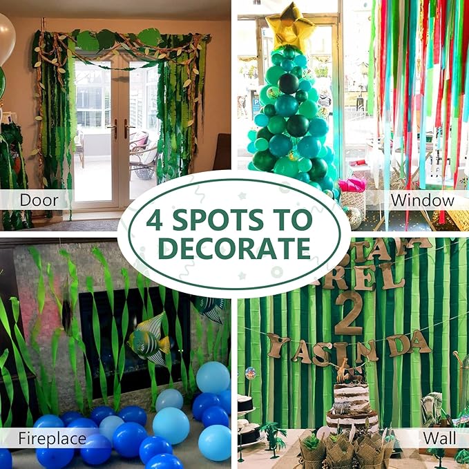 PartyWoo Crepe Paper Streamers 4 Rolls 328ft, Shades of Green for Party, Wedding, Birthday & Baby Shower Decorations (1.8 Inch x 82 Ft/Roll)