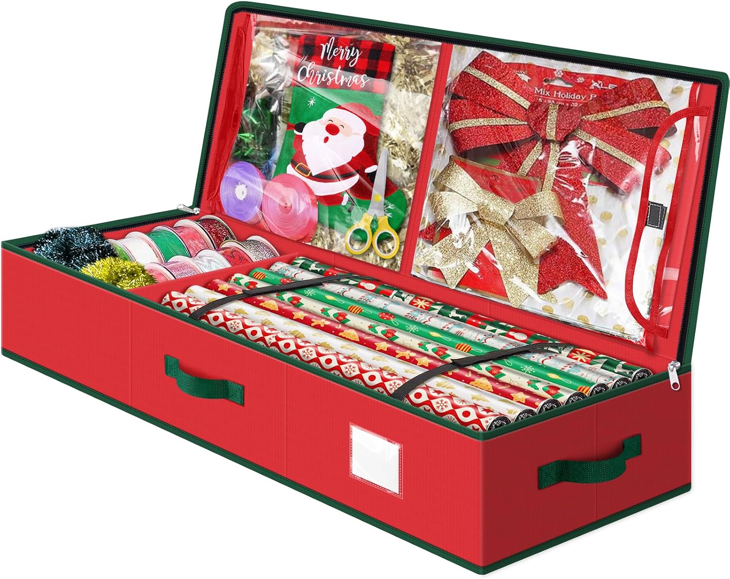 Fabspace Christmas Wrapping Paper Storage Containers, 40 Inch Gift Wrap Organizer, Visible Supplies Pockets for Xmas Accessories, Underbed Storage for Christmas Decorations, Red