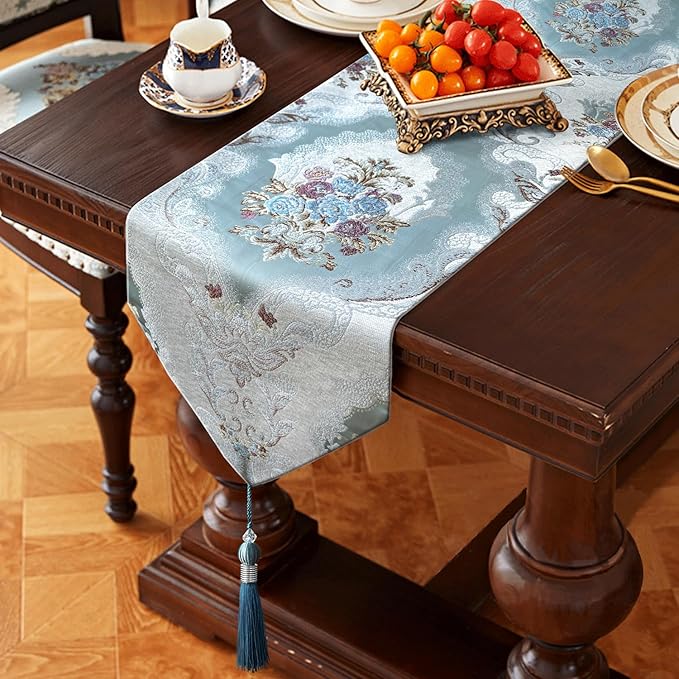 HeMiaor Elegant Table Runner Thick Chenille and with Delicate Tassel for Daily Classic Decoration Light Blue Gorgeous Flower Pattern 13x60 Long