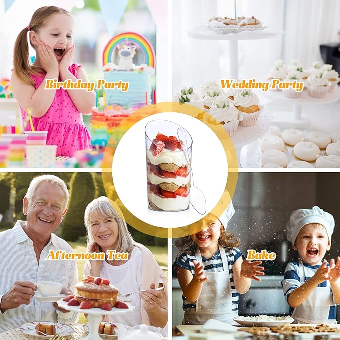 Nuogo 100 Pcs Mini Dessert Cups with Spoons Include 3 oz Square Plastic Appetizer Cups 2.5 oz Slanted Round Parfait Shooter Cup Small Clear Mousse Pudding Cup for Wedding Baby Shower Birthday Party