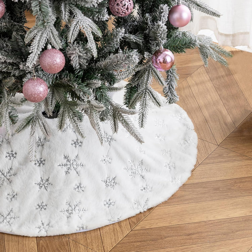 36 Inch Christmas Tree Skirt Faux Fur, White Soft Double Layer Plush Tree Skirt for Merry Christmas Party Christmas Tree Decoration Holiday Party Home Decor Indoor Outdoor B2