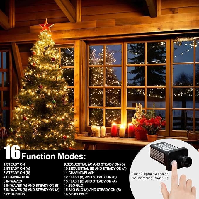 LAMPHOME 66ft Christmas Decorative Mini Lights,200 LED Transparent Wire Fairy Starry String Lights Plug in, 11 Lighting Modes, for Indoor Outdoor Xmas Tree Wedding Party Decoration (Warm White)