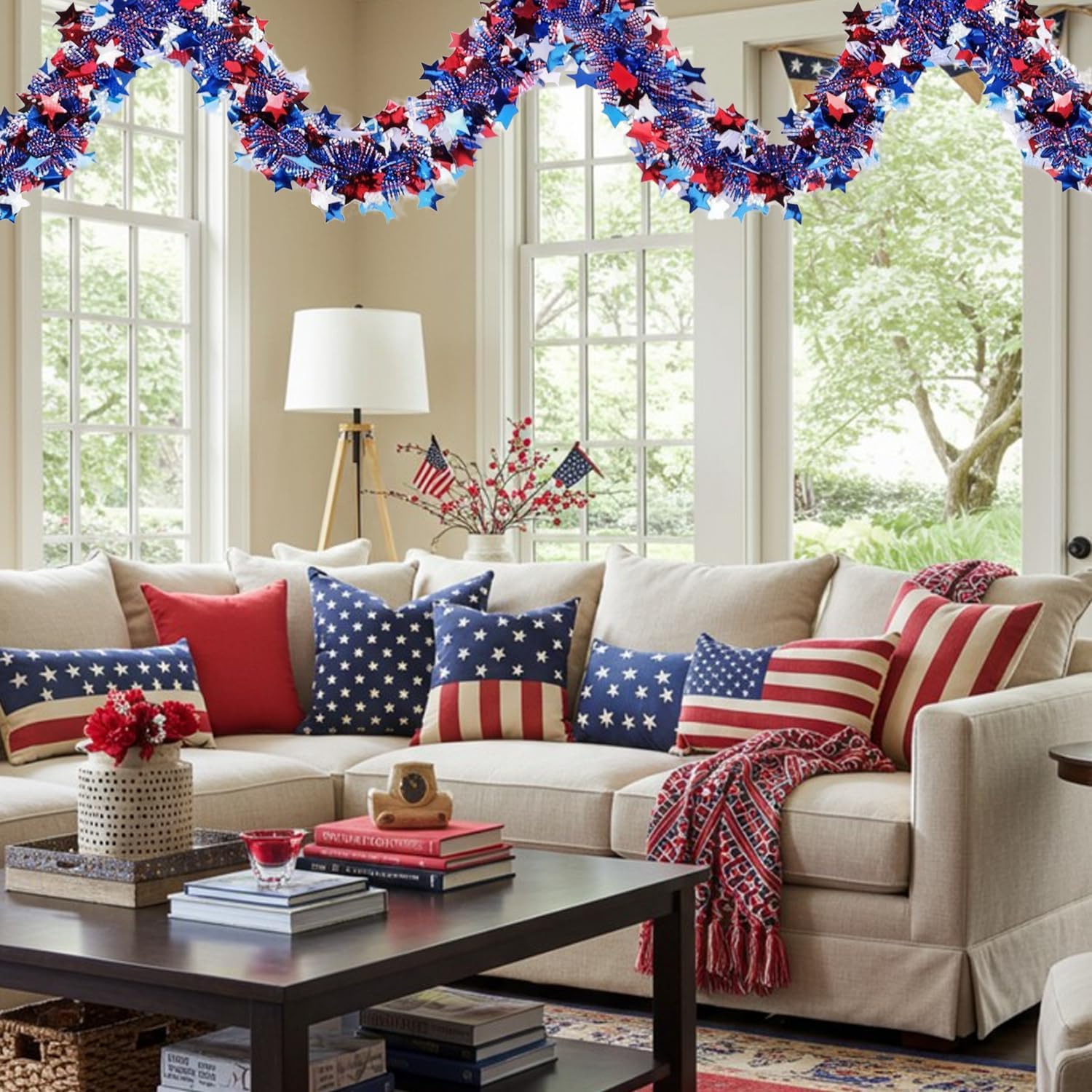 50Ft Metallic Glitter Stars 4th of July Garland Decorations,USA 250th Anniversary Patriotic Independence Memorial Day Decor for Tree Mantle Yard Door Parade Car Table Indoor Outdoor Holiday Party