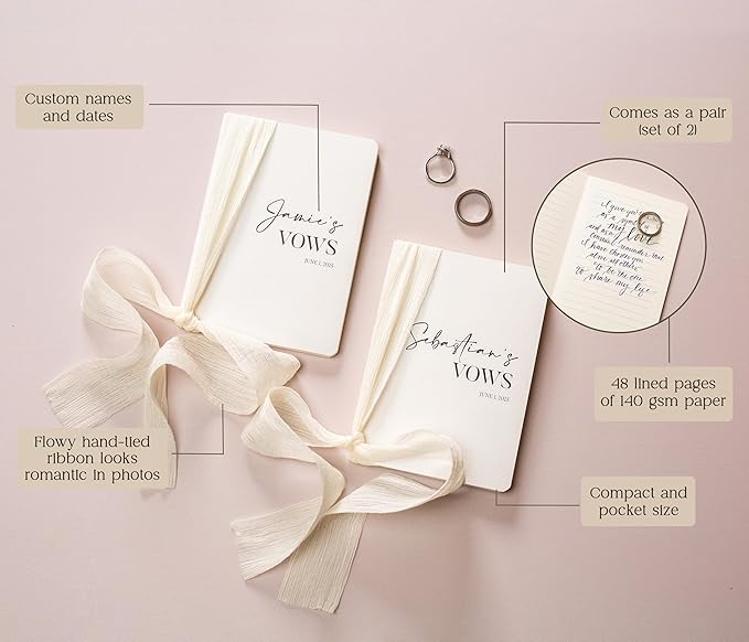 Modern Album Designs Set of Custom Slim White Vow Books w/Ribbon (Set of 2) - 5.625 x 4 Minimalist Pocket Sized Romantic Wedding Ceremony Vow Renewal Speech Notebook Journal
