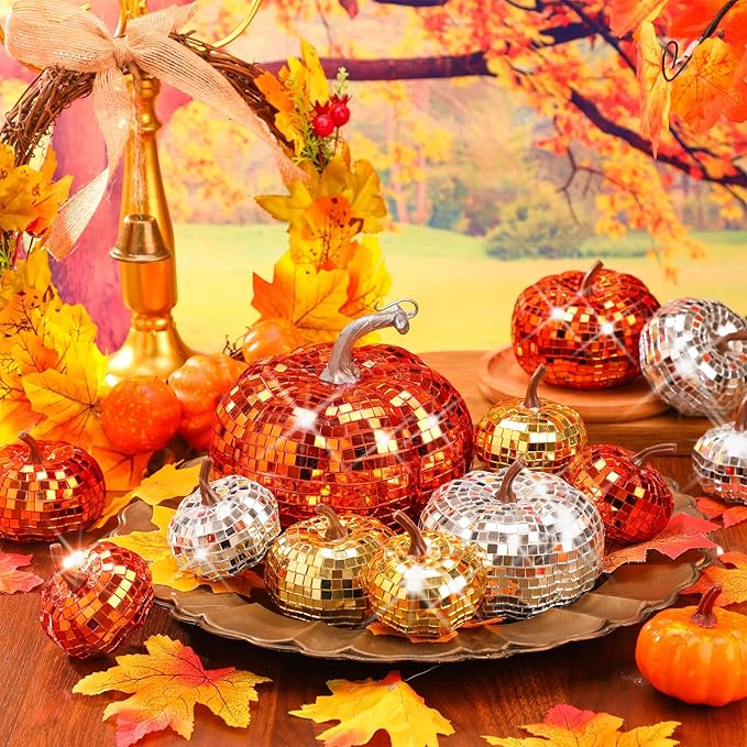 Lenwen 12 Pcs Artificial Disco Pumpkin Glitter Mirror Pumpkin for Decorating Fall Farmhouse Hanging Ornament Harvest Decor for Halloween Thanksgiving Table Centerpiece(Orange, Gold, Sliver)