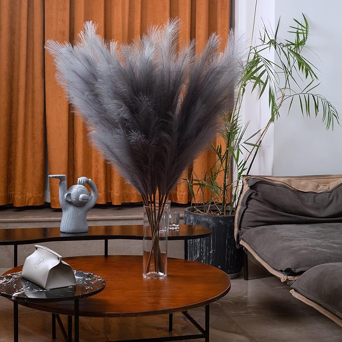 Faux Pampas Grass 6 Stems, Artificial Pampas Grass - 43''/3.6FT Total Extra Large Pompass Grass Tall Pompous Boho Flower Arrangement and Floor Vase Filler Home Decor for Room Wedding Party (Grey)
