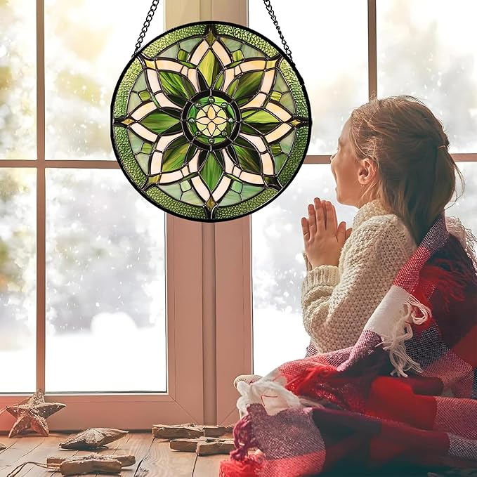 Stained Glass Window Hanging - White Green Boho Flower Suncatcher for Doors Window Home Sun Catchers Decor Christmas Mother's Day Birthday Gifts for Teacher Women Men Mom Nana 15 in