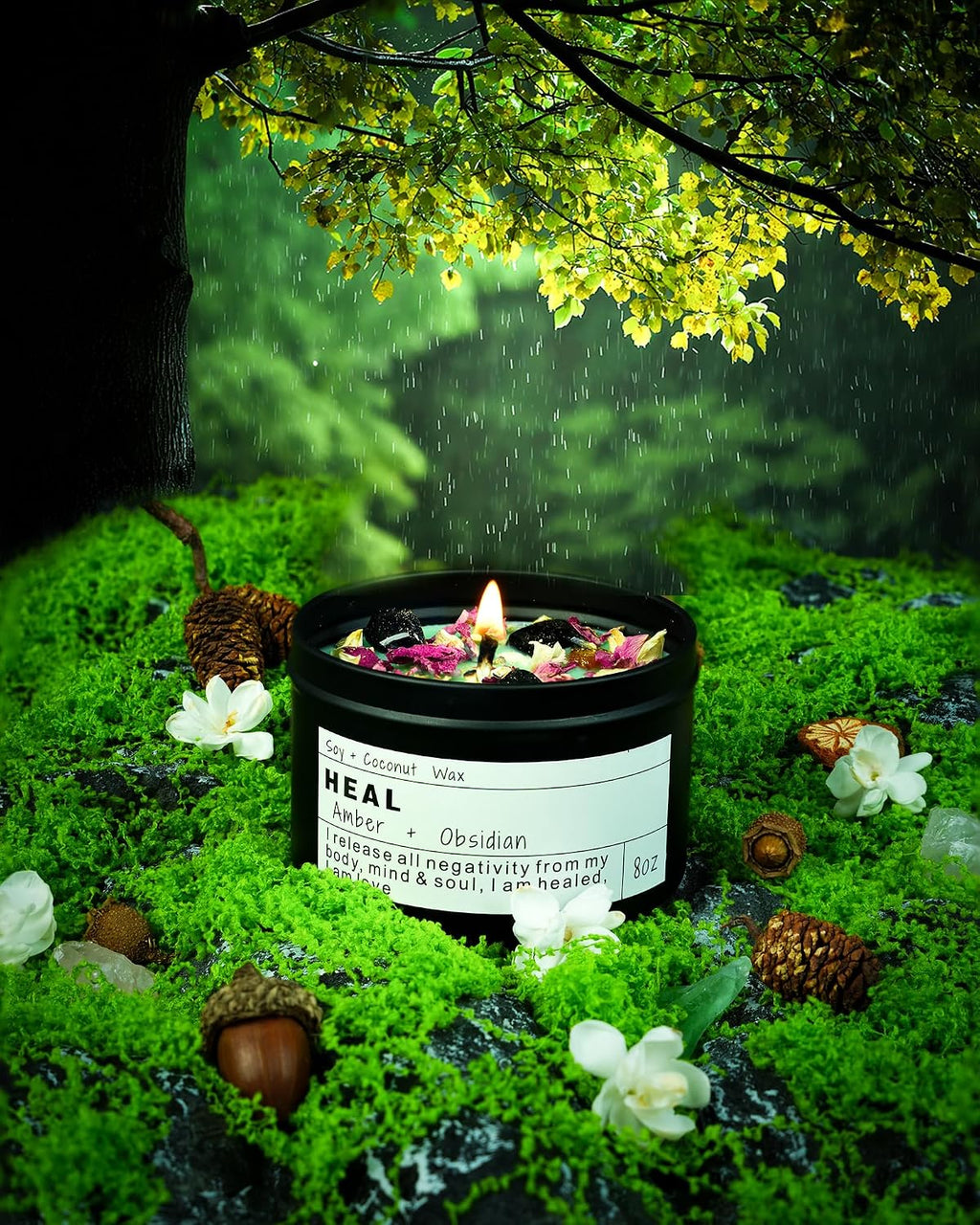 Obsidian Crystal Energy Candle, Good Aura Health Protection, Baltic Amber Chakra Magic Self-Care, Emotional Support, Encouragement and Affirmation Gift.(HEAL)
