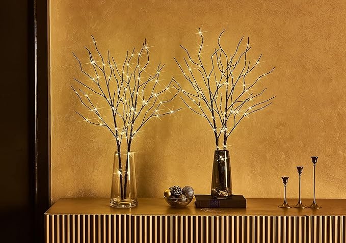 Fudios Branch Lights Battery Operated with Timer 32IN 100 LED, Fake Willow Branches with Fairy Lights for Vase, Lighted Twig Tree Branches Indoor Outdoor Christmas Party Home Decor 2 Set