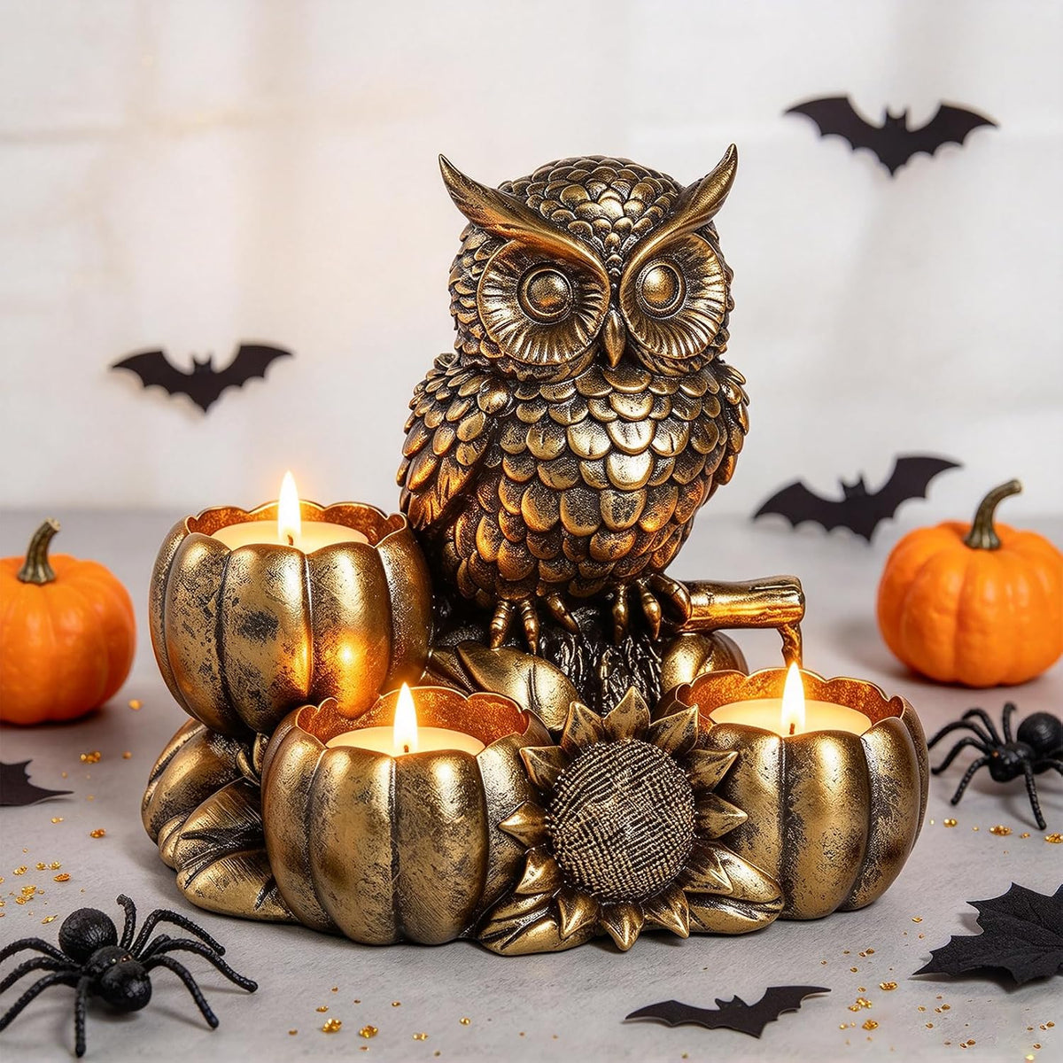 Gold Animal Candle Holders - Owl Vintage Rustic Pedestal Candlesticks, Harves...