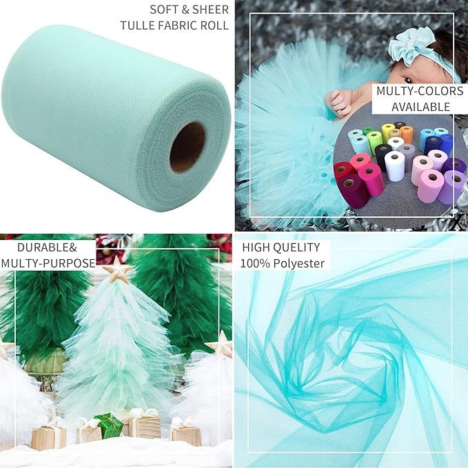 Aqua Blue Tulle Fabric Rolls 6 Inch by 100 Yards (300 feet) Fabric Spool Tulle Ribbon for DIY Tutu Bow Baby Shower Birthday Party Wedding Decorations Christmas Craft Supplies