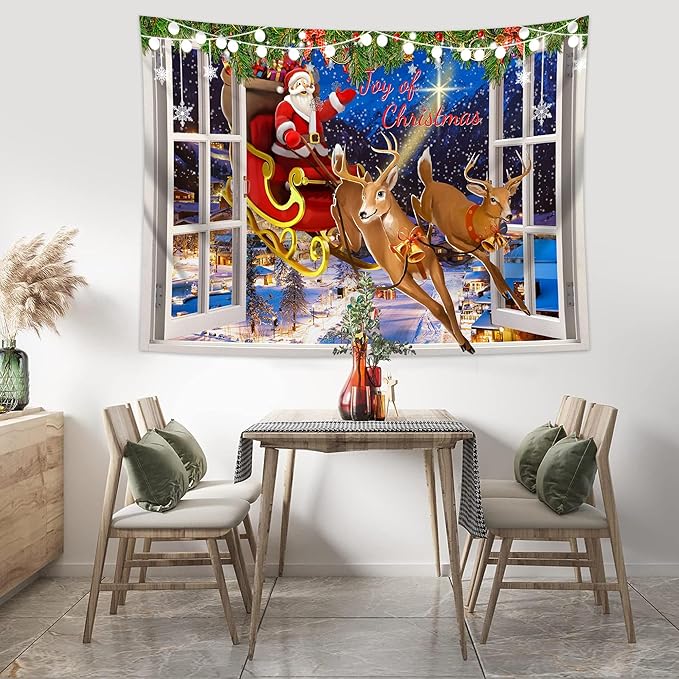 QGHOT Christmas Window Tapestry Wall Hanging Christmas Backdrop Xmas Winter Window Wall Decor Santa Claus Tapestries for Bedroom Living Room Dorm Holiday Party Decoration, Large