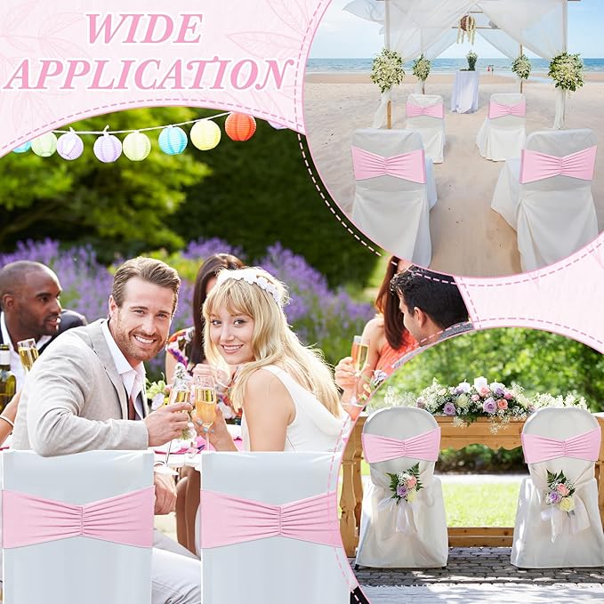 Moukeren 100 Pcs Spandex Chair Sashes Bows Chair Bands Slider Sashes for Chair Covers Elastic Chair Bands Ties Ribbon Chair Decorations for Wedding Party Events Ceremony Birthday Banquet(Light Pink)