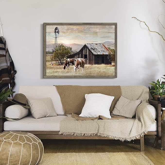 Rustic Wall Decor Barn Framed - Vintage Farmhouse Cow & Windmill Landscape Picture Artwork for Home and Kitchen