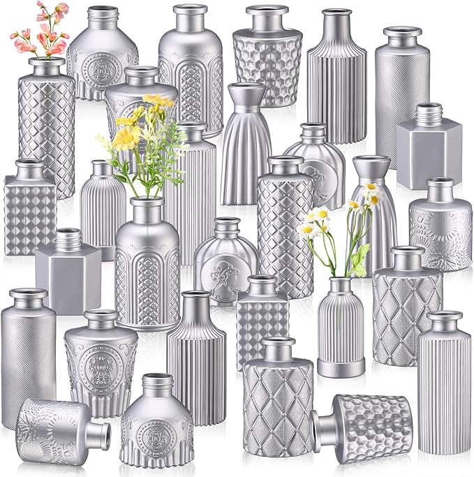 Yaomiao 30 Pcs Vases Bulk Colored Flower Glass Vases Bud Vintage Colored Glass Bottles Colorful Rustic Embossed for Home Wedding Table Decorations Gifts(Silver Series)