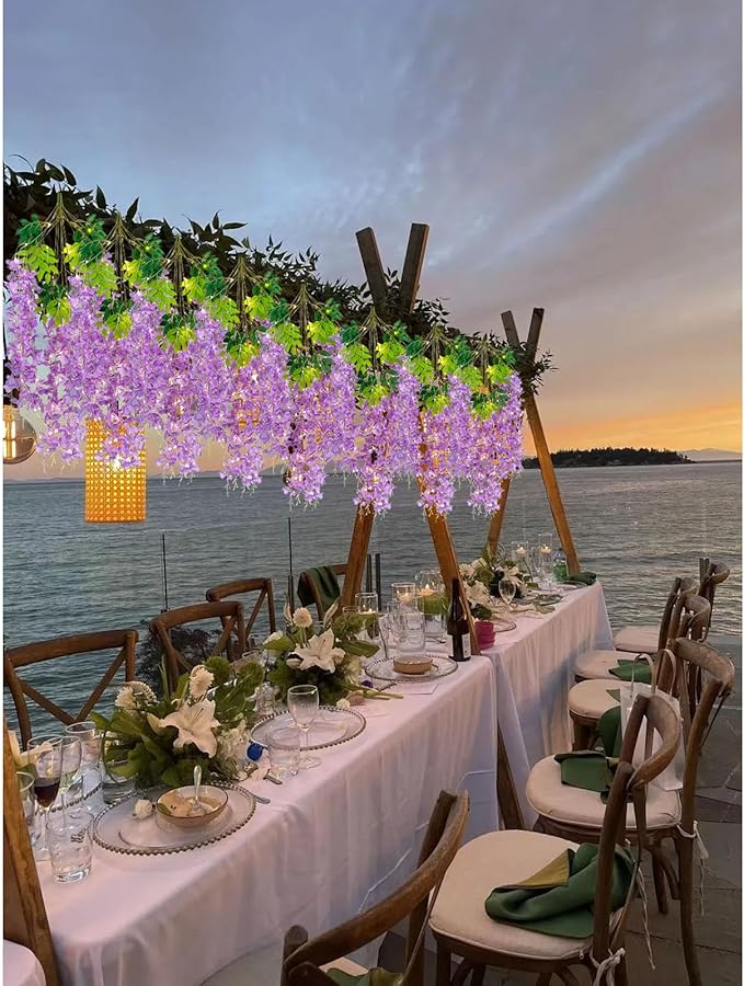12 Pack Light Purple Wisteria Hanging Flowers Garland with Lights, 3.44 Feet Artificial Flower Vines, Fake Wisteria, Artificial Vines Hanging Garland for Backdrop Outdoor Patio Garden Decor