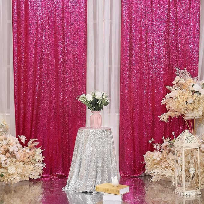 Poise3EHome Sequin Backdrop Curtain, 10Ft x 10Ft Hot Pink Glitter Photography Background Curtains, Sequence Backdrop Drapes for Wedding Party Festival Decor