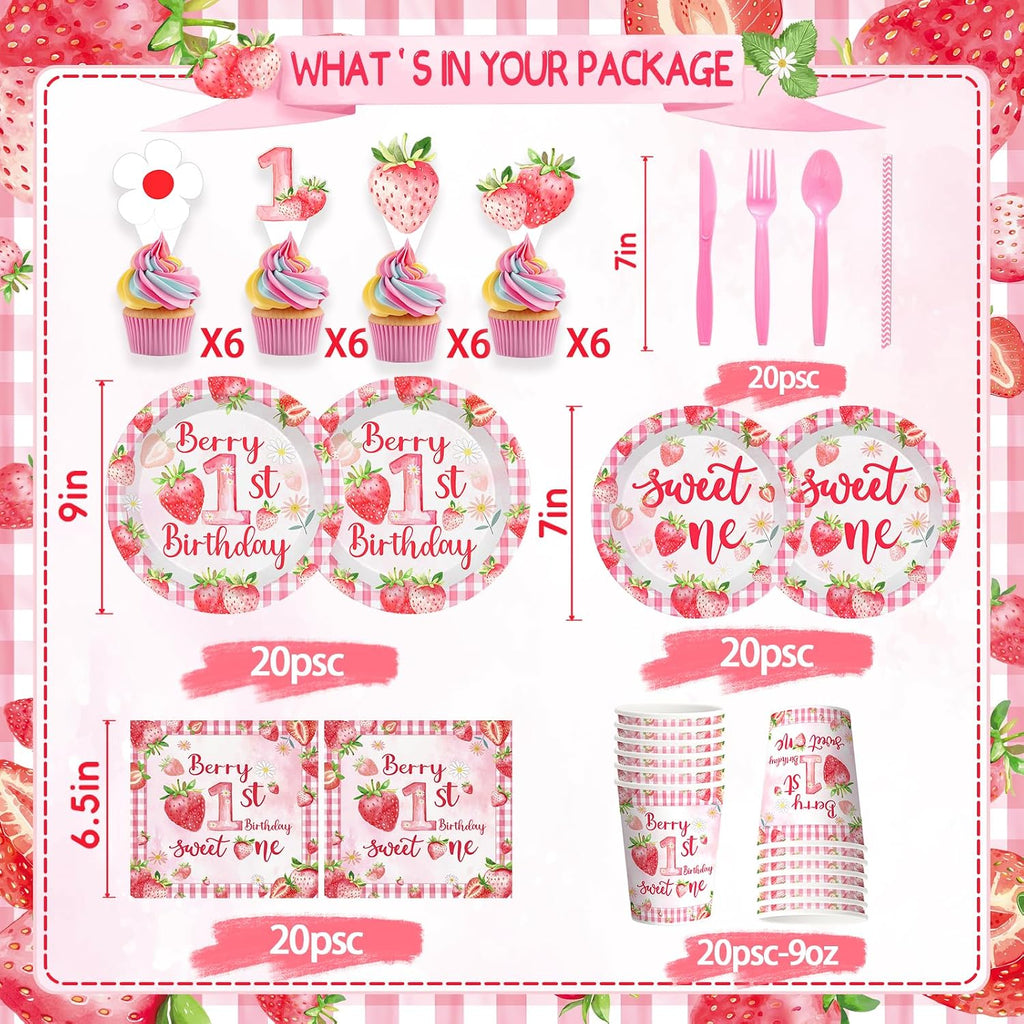 Strawberry first Birthday Decorations for Girls Berry Sweet One Strawberry 1st Birthday Decor Party Supplies include Photo Banner Highchair Banner Crown Balloon Boxes Backdrop Tableware Set