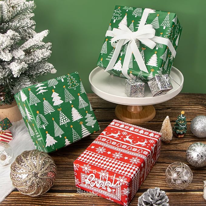Ribbli Christmas Wrapping Paper Reversible Green Christmas Tree and Red Reindeer Gift Wrapping Paper Rolls Holiday Presents Decoration-17 Inch x 33 Feet