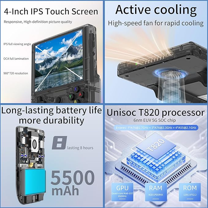 RG406V Handheld Game Console Preloaded Games RG 406V 4-inch IPS Multi-touch Screen Retro Game Console 128G UFS2.2 Android 13 Retro Emulator RG406V 5500mAh Battery 1080p DP Output WIFI Bluetooth Black