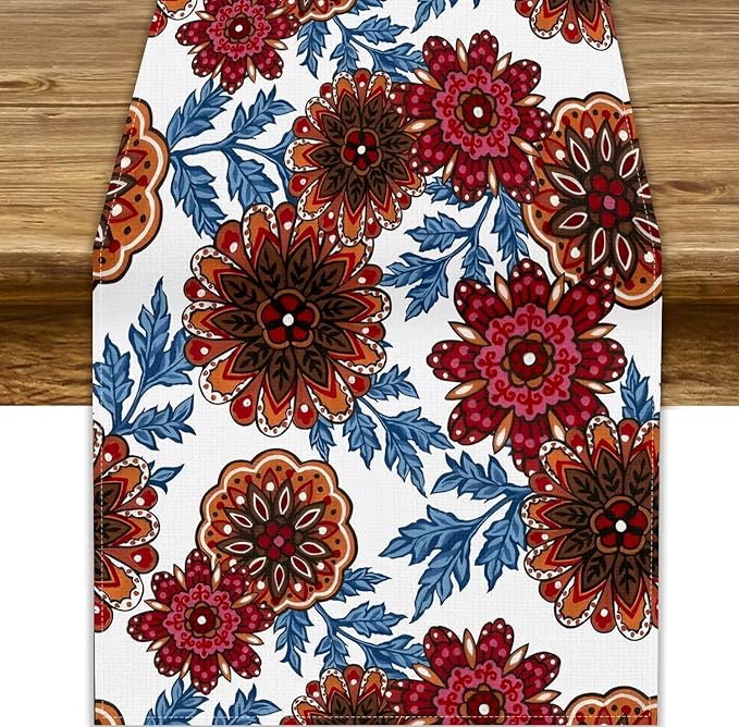 Mandala Flower Table Runner, Vintage Oriental Exotic Native Red Floral Blue Branch Leaves Botanical Print Table Runner for Farmhouse Kitchen Dining Table Decor, 13x60inch