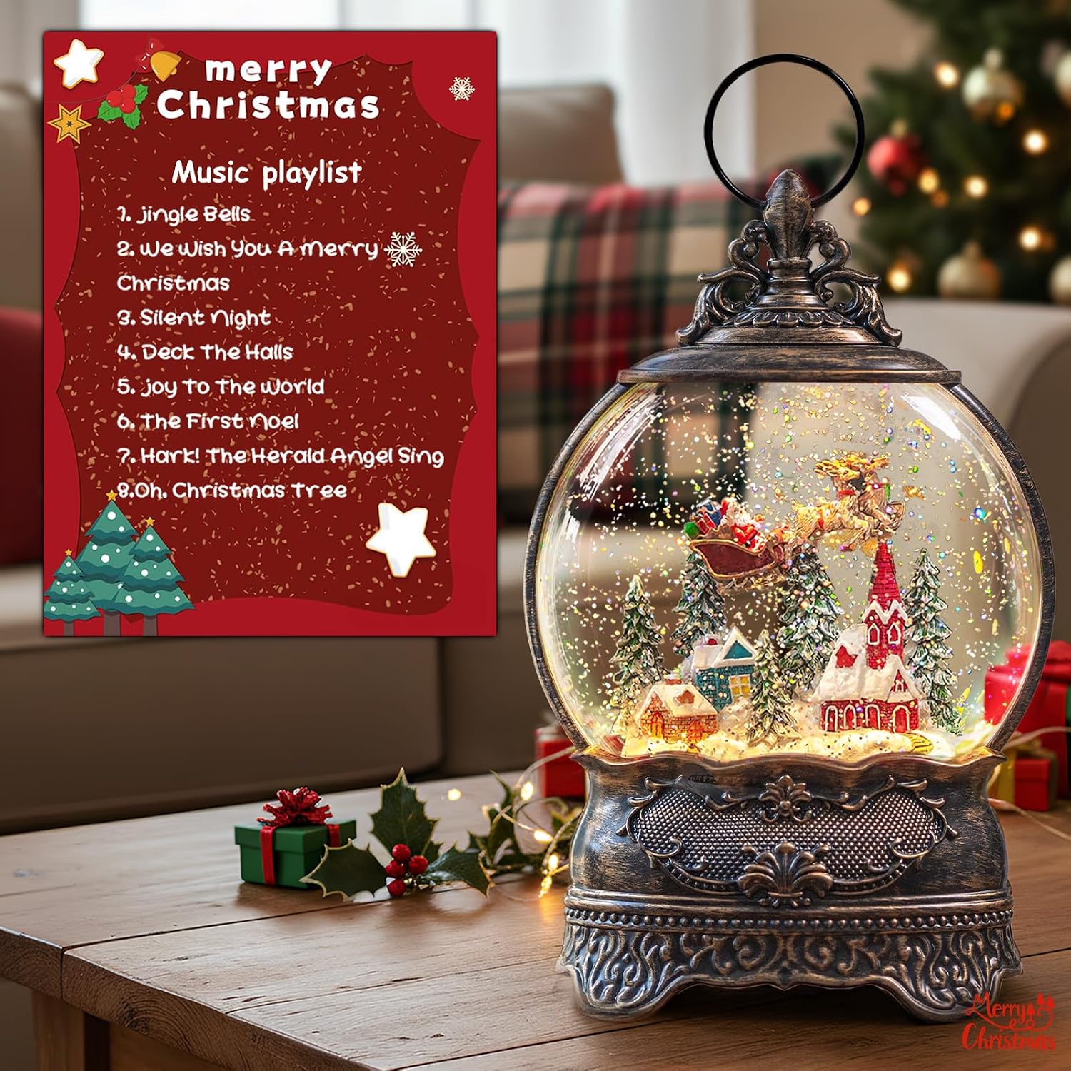 Christmas Snow Globe Lantern with Santa Claus Flying Reindeer, Lighted Swirling Glittering Snow Globes with Music & Timer, Christmas Decorations for Home Tabletop Indoor Gifts