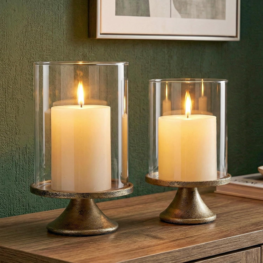 Set of 2 Hurricane Candle Holder Set with Glass Dome & Iron Base – Elegant Decorative Pillar Candle Holders for Living Room, Dining Room & Bedroom Centerpiece - Ideal Home Décor