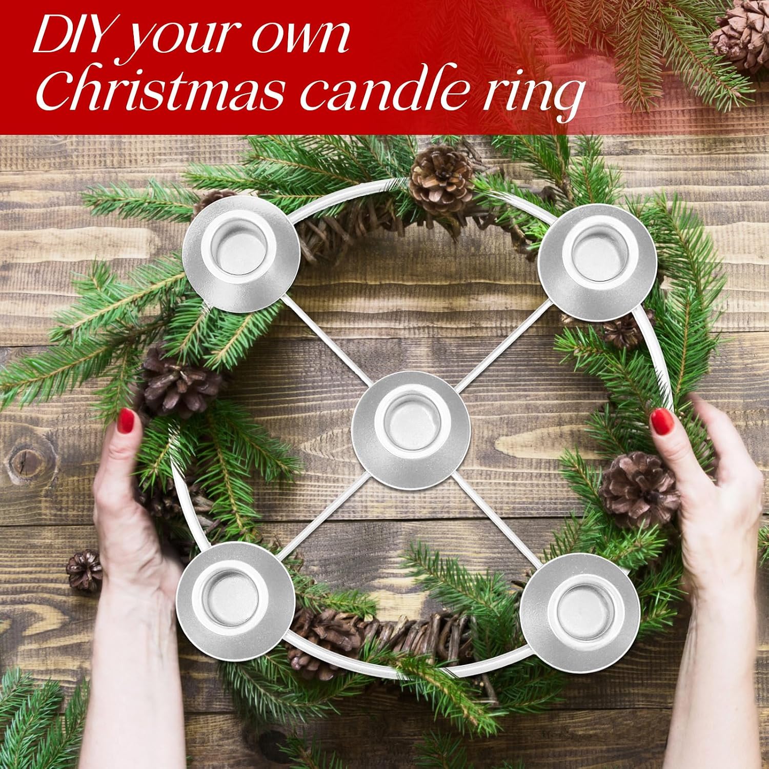 Newtay 1 Pack Christmas Advent Wreath Candle Holder 5 Candle 8.5 Inch Advent Wreath Ring Table Decoration Xmas Metal Ring for Christmas Holiday Home Decor (Silver)